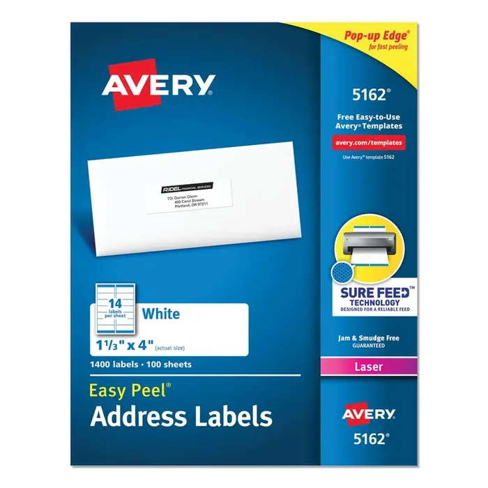 Avery® Easy Peel White Address Labels W/ Sure Feed Technology, Laser Printers, 1.33 X 4, White, 14/sheet, 100 Sheets/box
