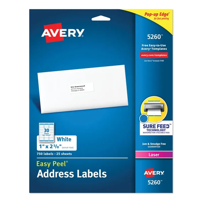 Avery® Easy Peel White Address Labels W/ Sure Feed Technology, Laser Printers, 1 X 2.63, White, 30/sheet, 25 Sheets/pack