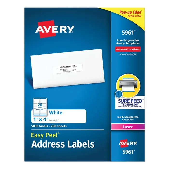 Avery® Easy Peel White Address Labels W/ Sure Feed Technology, Laser Printers, 1 X 4, White, 20/sheet, 250 Sheets/box