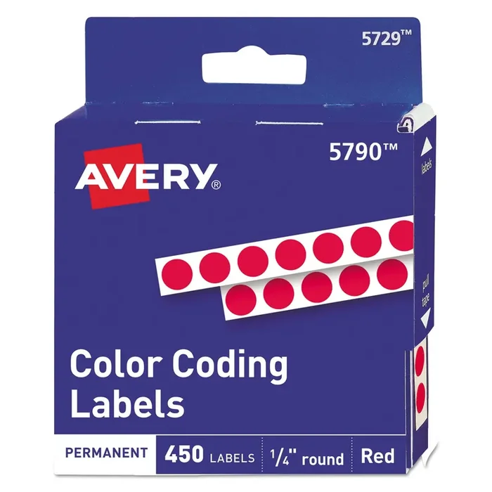 Avery® Handwrite-Only Permanent Self-Adhesive Round Color-Coding Labels in Dispensers, 0.25″ dia, Red, 450/Roll, (5790)