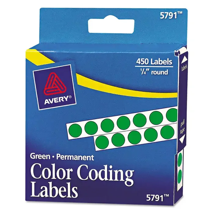 Avery® Handwrite-Only Permanent Self-Adhesive Round Color-Coding Labels in Dispensers, 0.25″ dia, Green, 450/Roll, (5791)