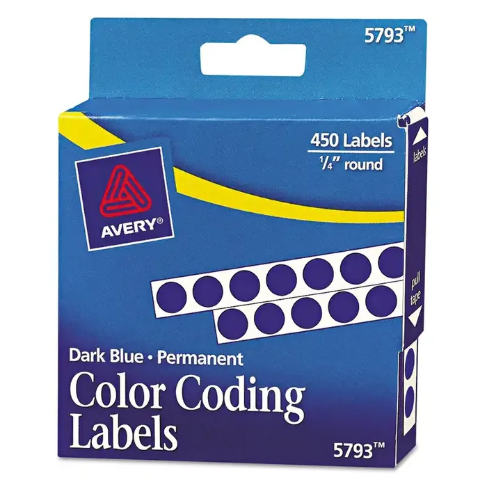 Avery® Handwrite-Only Permanent Self-Adhesive Round Color-Coding Labels in Dispensers, 0.25″ dia, Dark Blue, 450/Roll, (5793)
