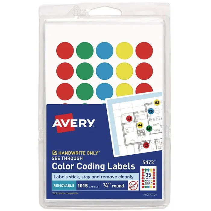 Avery® Handwrite-Only Self-Adhesive “See Through” Removable Round Color Dots, 0.75″ dia, Assorted, 35/Sheet, 29 Sheets/Pack, (5473)