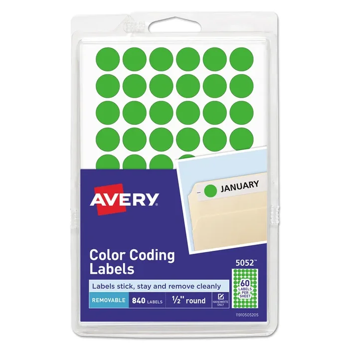 Avery® Handwrite Only Self-Adhesive Removable Round Color-Coding Labels, 0.5″ dia, Neon Green, 60/Sheet, 14 Sheets/Pack, (5052)