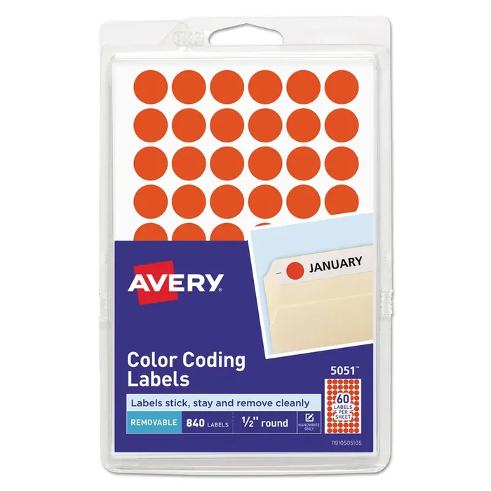 Avery® Handwrite Only Self-Adhesive Removable Round Color-Coding Labels, 0.5″ dia, Neon Red, 60/Sheet, 14 Sheets/Pack, (5051)