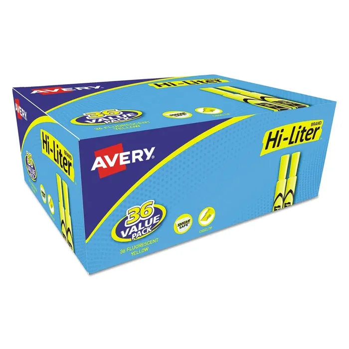 Avery® Hi-Liter Desk-Style Highlighter Value Pack, Fluorescent Yellow Ink, Chisel Tip, Yellow/black Barrel, 36/box
