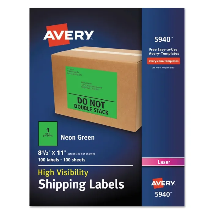 Avery® High-Visibility Permanent Laser ID Labels, 8.5 x 11, Neon Green, 100/Box