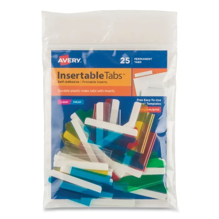 Avery® Insertable Index Tabs with Printable Inserts, 1/5-Cut, Assorted Colors, 1.5″ Wide, 25/Pack