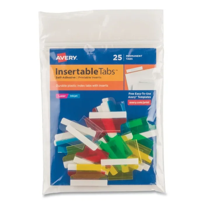 Avery® Insertable Index Tabs with Printable Inserts, 1/5-Cut, Assorted Colors, 1″ Wide, 25/Pack