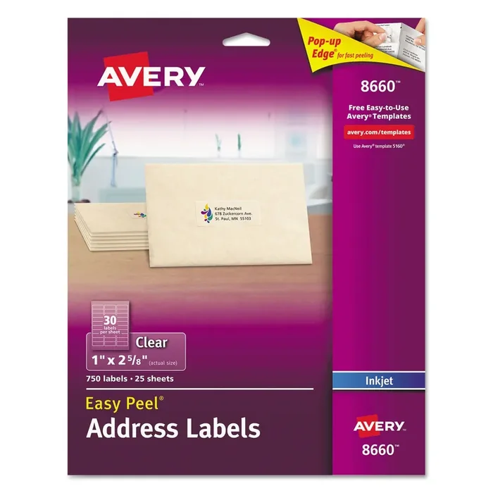 Avery® Matte Clear Easy Peel Mailing Labels W/ Sure Feed Technology, Inkjet Printers, 1 X 2.63, Clear, 30/sheet, 25 Sheets/pack