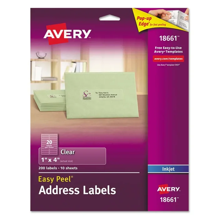 Avery® Matte Clear Easy Peel Mailing Labels W/ Sure Feed Technology, Inkjet Printers, 1 X 4, Clear, 20/sheet, 10 Sheets/pack
