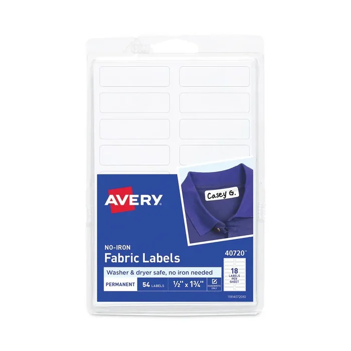 Avery® No-Iron Fabric Labels, 0.5 x 1.75, White, 18/Sheet, 3 Sheets/Pack