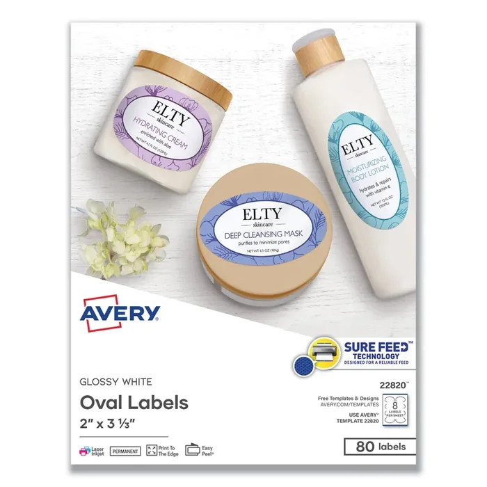 Avery® Oval Labels W/ Sure Feed And Easy Peel, 2 X 3.33, Glossy White, 80/pack