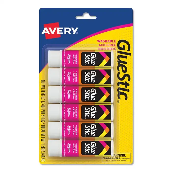 Avery® Permanent Glue Stic Value Pack, 0.26 Oz, Applies White, Dries Clear, 6/pack
