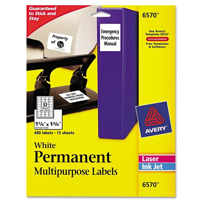 Avery® Permanent Id Labels W/ Sure Feed Technology, Inkjet/laser Printers, 1.25 X 1.75, White, 32/sheet, 15 Sheets/pack