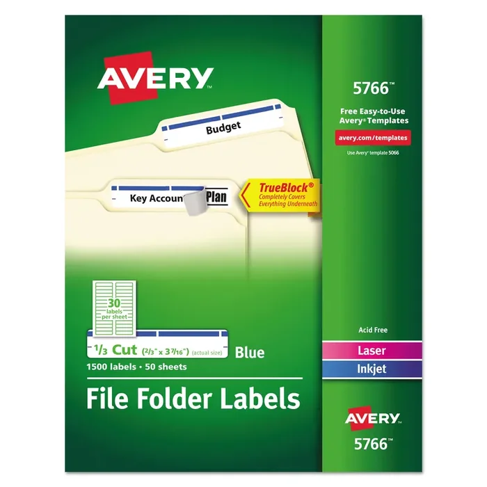 Avery® Permanent TrueBlock File Folder Labels with Sure Feed Technology, 0.66 x 3.44, Blue/White, 30/Sheet, 50 Sheets/Box