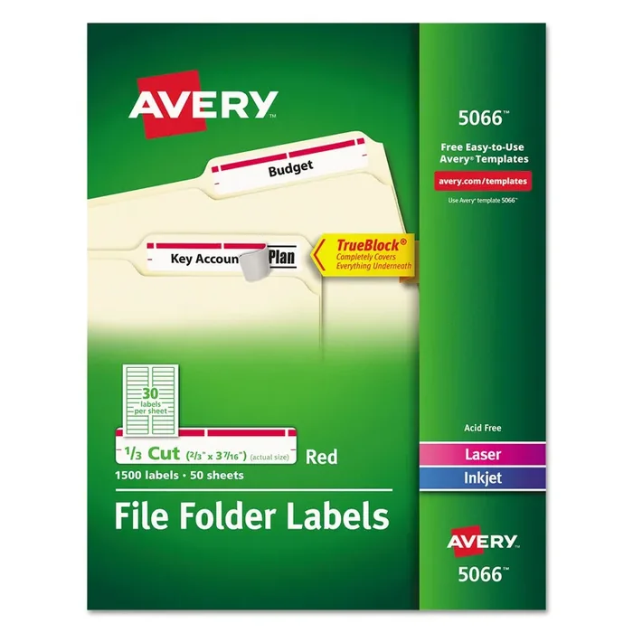 Avery® Permanent Trueblock File Folder Labels With Sure Feed Technology, 0.66 X 3.44, White, 30/sheet, 50 Sheets/box