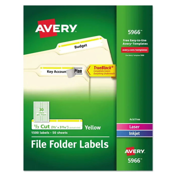 Avery® Permanent TrueBlock File Folder Labels with Sure Feed Technology, 0.66 x 3.44, Yellow/White, 30/Sheet, 50 Sheets/Box