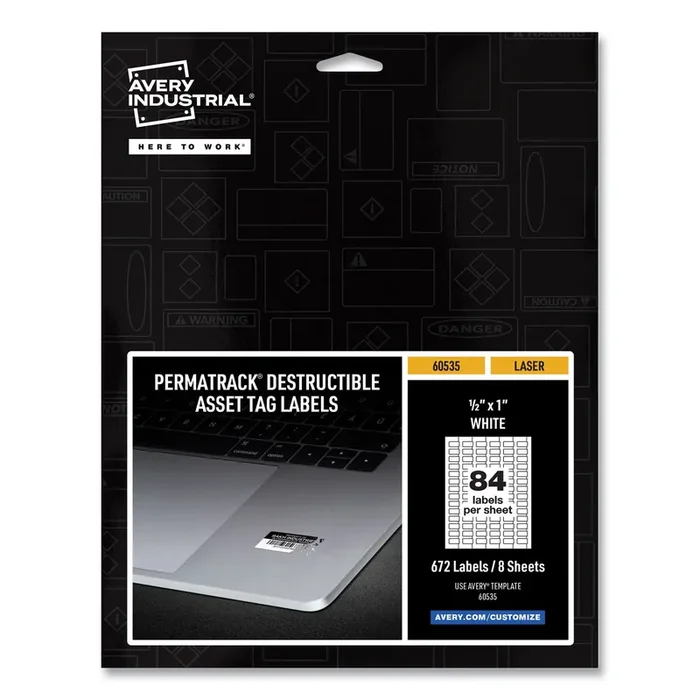 Avery® Permatrack Destructible Asset Tag Labels, Laser Printers, 0.5 X 1, White, 84/sheet, 8 Sheets/pack