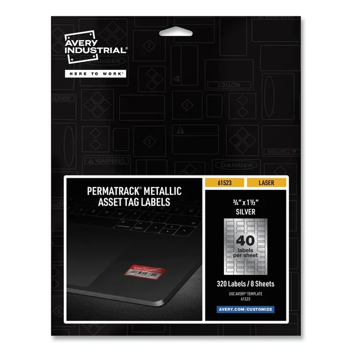 Avery® Permatrack Metallic Asset Tag Labels, Laser Printers, 0.75 X 1.5, Metallic Silver, 40/sheet, 8 Sheets/pack