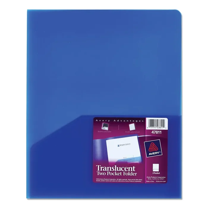 Avery® Plastic Two-Pocket Folder, 20-Sheet Capacity, 11 X 8.5, Translucent Blue
