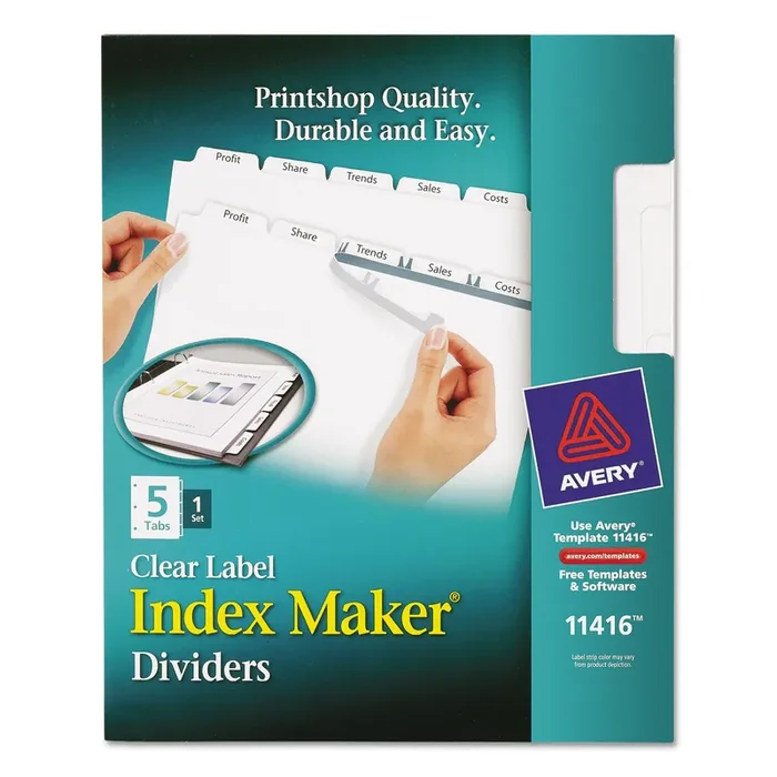 Avery® Print And Apply Index Maker Clear Label Dividers With Printable Label Strip And White Tabs, 5-Tab, 11 X 8.5, White, 1 Set