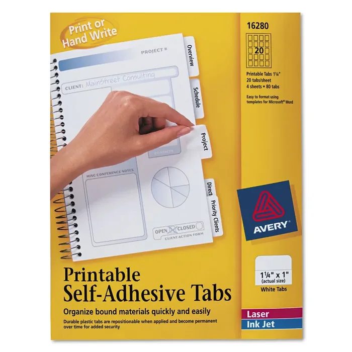 Avery® Printable Plastic Tabs with Repositionable Adhesive, 1/5-Cut, White, 1.25″ Wide, 96/Pack
