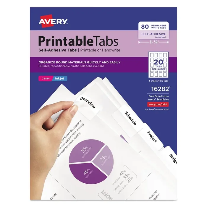 Avery® Printable Plastic Tabs with Repositionable Adhesive, 1/5-Cut, White, 1.75″ Wide, 80/Pack