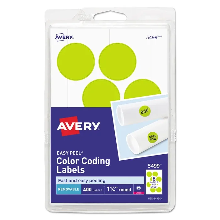 Avery® Printable Self-Adhesive Removable Color-Coding Labels, 1.25″ dia, Neon Yellow, 8/Sheet, 50 Sheets/Pack, (5499)