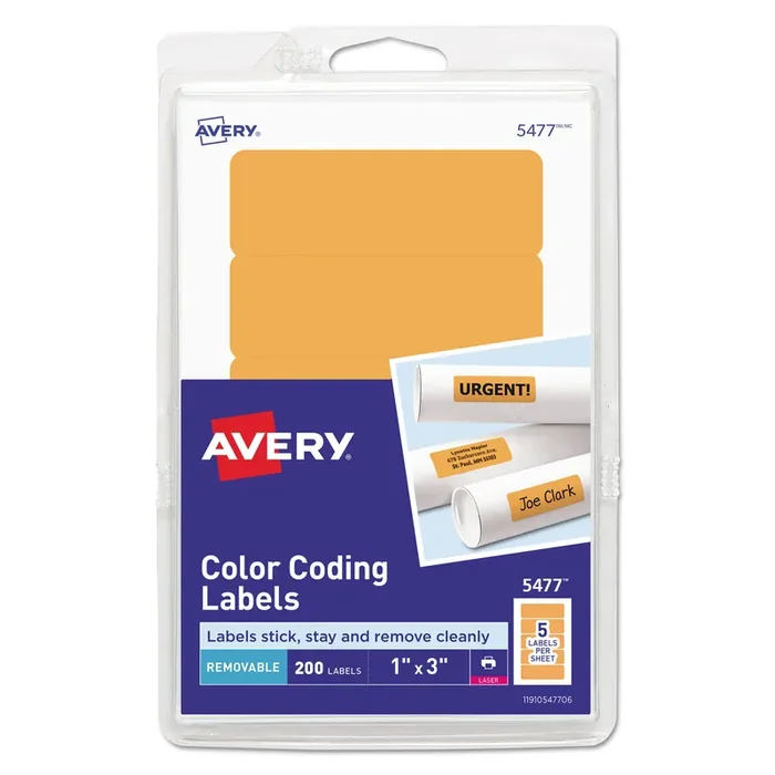 Avery® Printable Self-Adhesive Removable Color-Coding Labels, 1 X 3, Neon Orange, 5/sheet, 40 Sheets/pack, (5477)