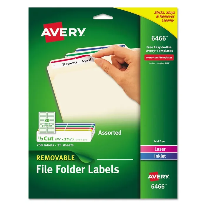 Avery® Removable File Folder Labels With Sure Feed Technology, 0.66 X 3.44, White, 30/sheet, 25 Sheets/pack