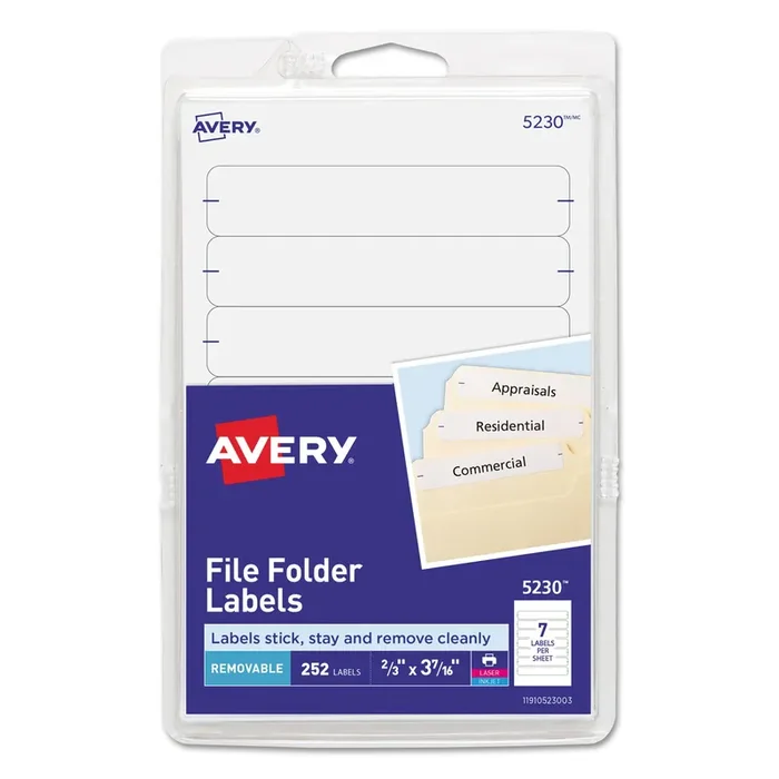 Avery® Removable File Folder Labels With Sure Feed Technology, 0.66 X 3.44, White, 7/sheet, 36 Sheets/pack