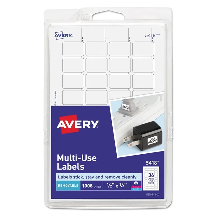 Avery® Removable Multi-Use Labels, Inkjet/laser Printers, 0.5 X 0.75, White, 36/sheet, 28 Sheets/pack, (5418)