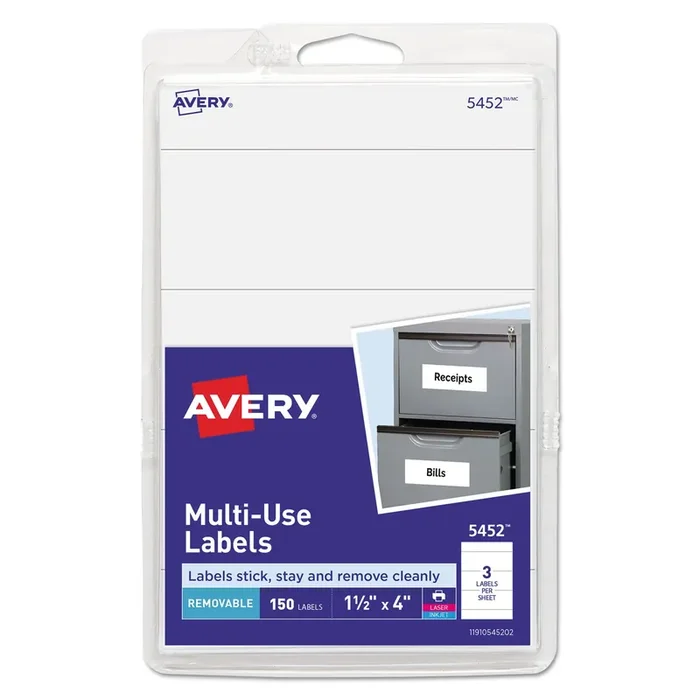 Avery® Removable Multi-Use Labels, Inkjet/laser Printers, 1.5 X 4, White, 3/sheet, 50 Sheets/pack, (5452)