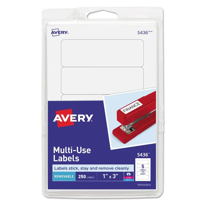 Avery® Removable Multi-Use Labels, Inkjet/laser Printers, 1 X 3, White, 5/sheet, 50 Sheets/pack, (5436)
