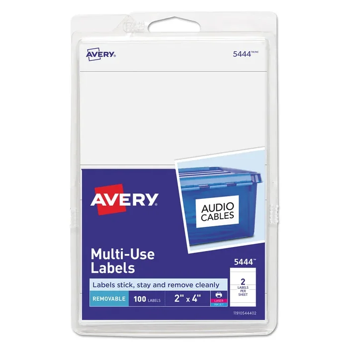 Avery® Removable Multi-Use Labels, Inkjet/laser Printers, 2 X 4, White, 2/sheet, 50 Sheets/pack, (5444)