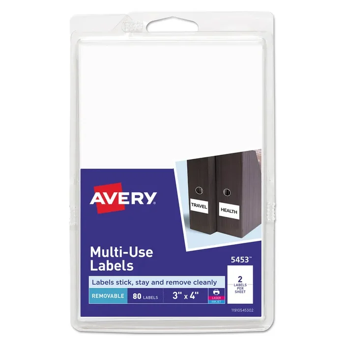 Avery® Removable Multi-Use Labels, Inkjet/laser Printers, 3 X 4, White, 2/sheet, 40 Sheets/pack, (5453)