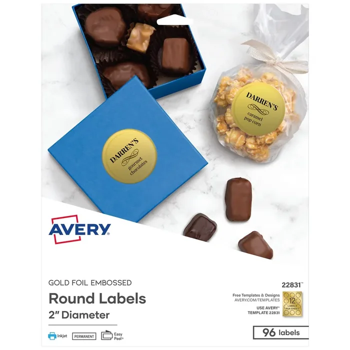 Avery® Round Labels, Inkjet Printers, 2″ dia, Gold, 12/Sheet, 8 Sheets/Pack