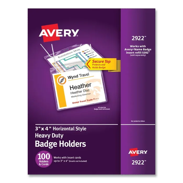 Avery® Secure Top Hanging-Style Badge Holders, Horizontal, 4w X 3h, Clear, 100/box