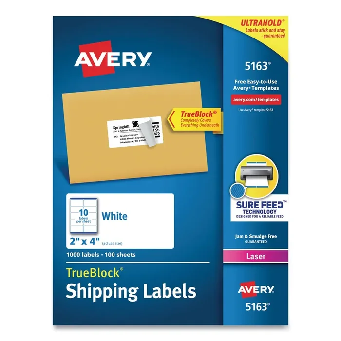 Avery® Shipping Labels W/ Trueblock Technology, Laser Printers, 2 X 4, White, 10/sheet, 100 Sheets/box