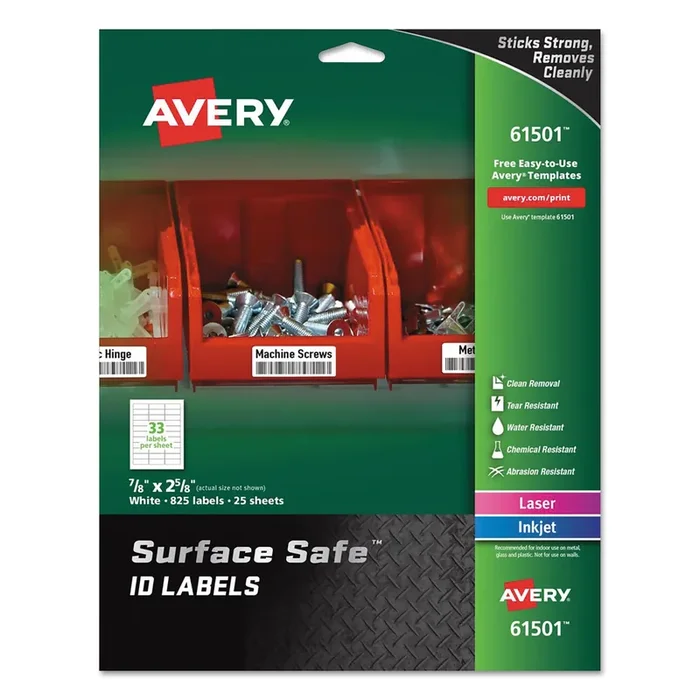 Avery® Surface Safe Id Labels, Inkjet/laser Printers, 0.88 X 2.63, White, 33/sheet, 25 Sheets/pack
