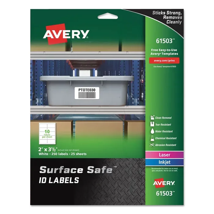 Avery® Surface Safe Id Labels, Inkjet/laser Printers, 2 X 3.5, White, 10/sheet, 25 Sheets/pack