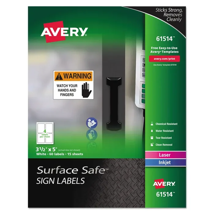 Avery® Surface Safe Removable Label Safety Signs, Inkjet/laser Printers, 3.5 X 5, White, 4/sheet, 15 Sheets/pack