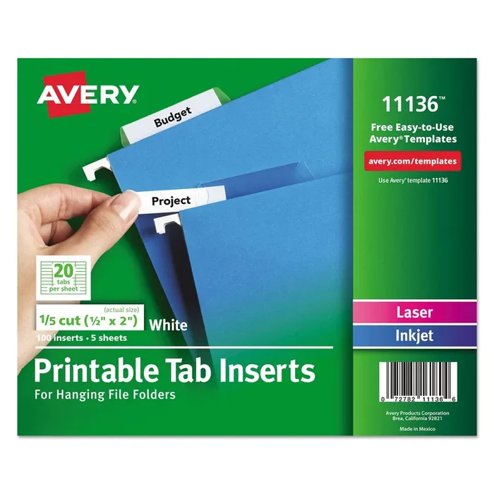 Avery® Tabs Inserts For Hanging File Folders, 1/5-Cut, White, 2″ Wide, 100/Pack