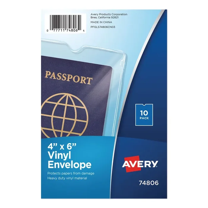 Avery® Top-Load Clear Vinyl Envelopes W/thumb Notch, 4 X 6, Clear, 10/pack