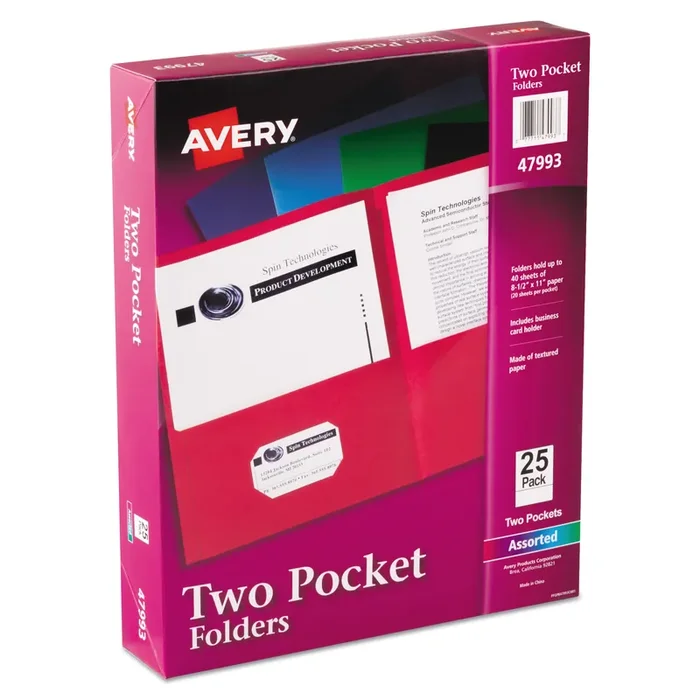 Avery® Two-Pocket Folder, 40-Sheet Capacity, 11 X 8.5, Assorted Colors, 25/box