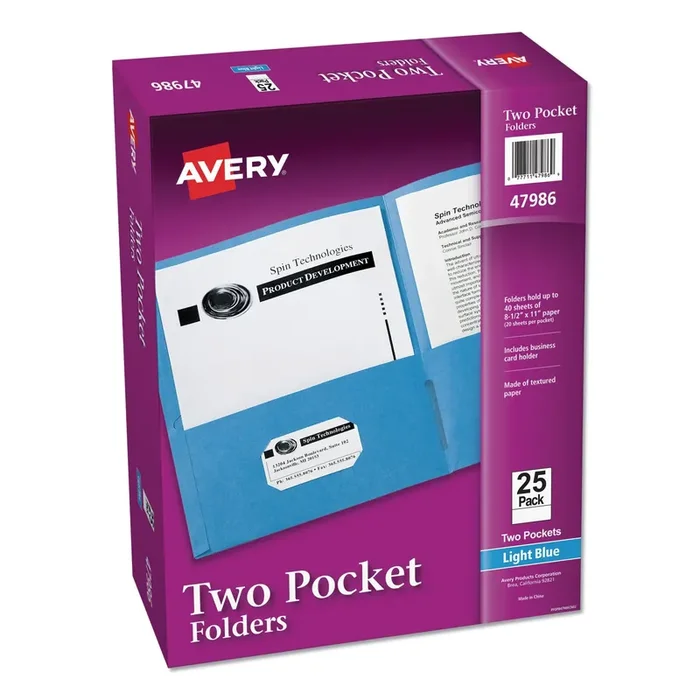 Avery® Two-Pocket Folder, 40-Sheet Capacity, 11 X 8.5, Light Blue, 25/box