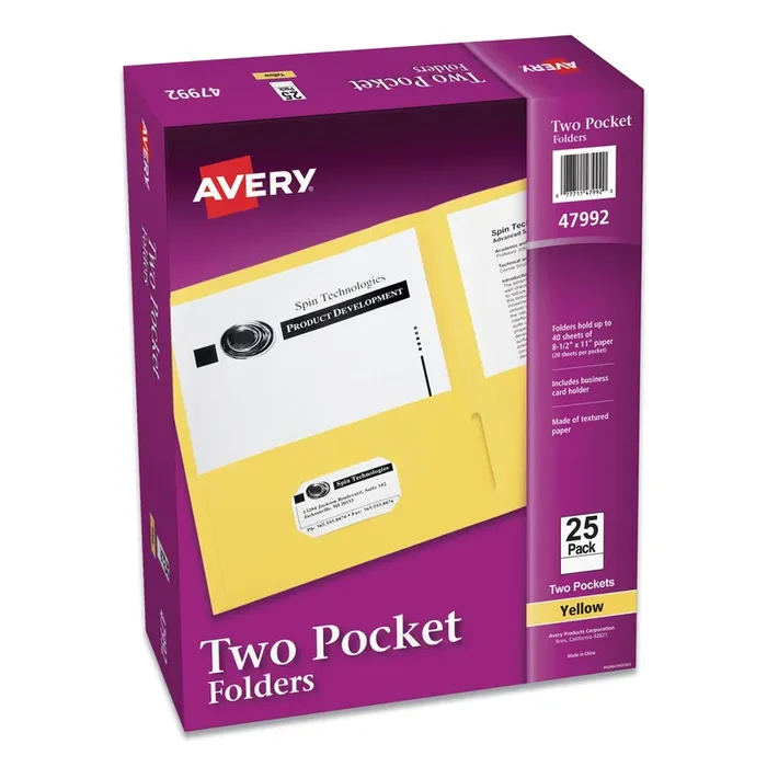 Avery® Two-Pocket Folder, 40-Sheet Capacity, 11 X 8.5, Yellow, 25/box