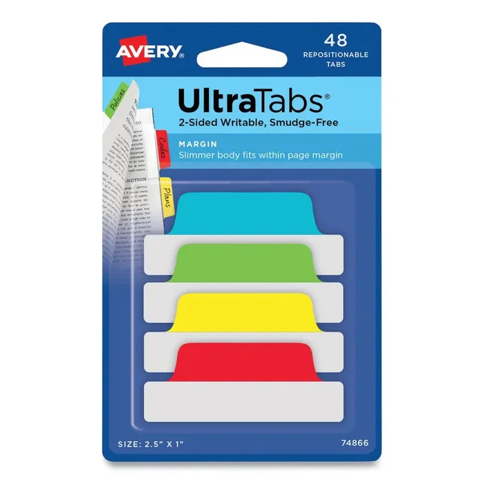 Avery® Ultra Tabs Repositionable Tabs, Margin Tabs 2.5″ x 1″, 1/5-Cut, Assorted Colors, 48/Pack