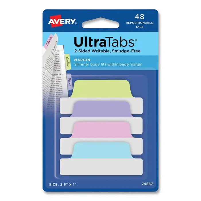 Avery® Ultra Tabs Repositionable Tabs, Margin Tabs 2.5″ x 1″, 1/5-Cut, Assorted Pastel Colors, 48/Pack